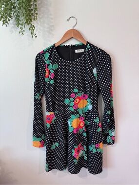 AMUR Black Polka Dot Dress with Bright Floral Accents sz 4